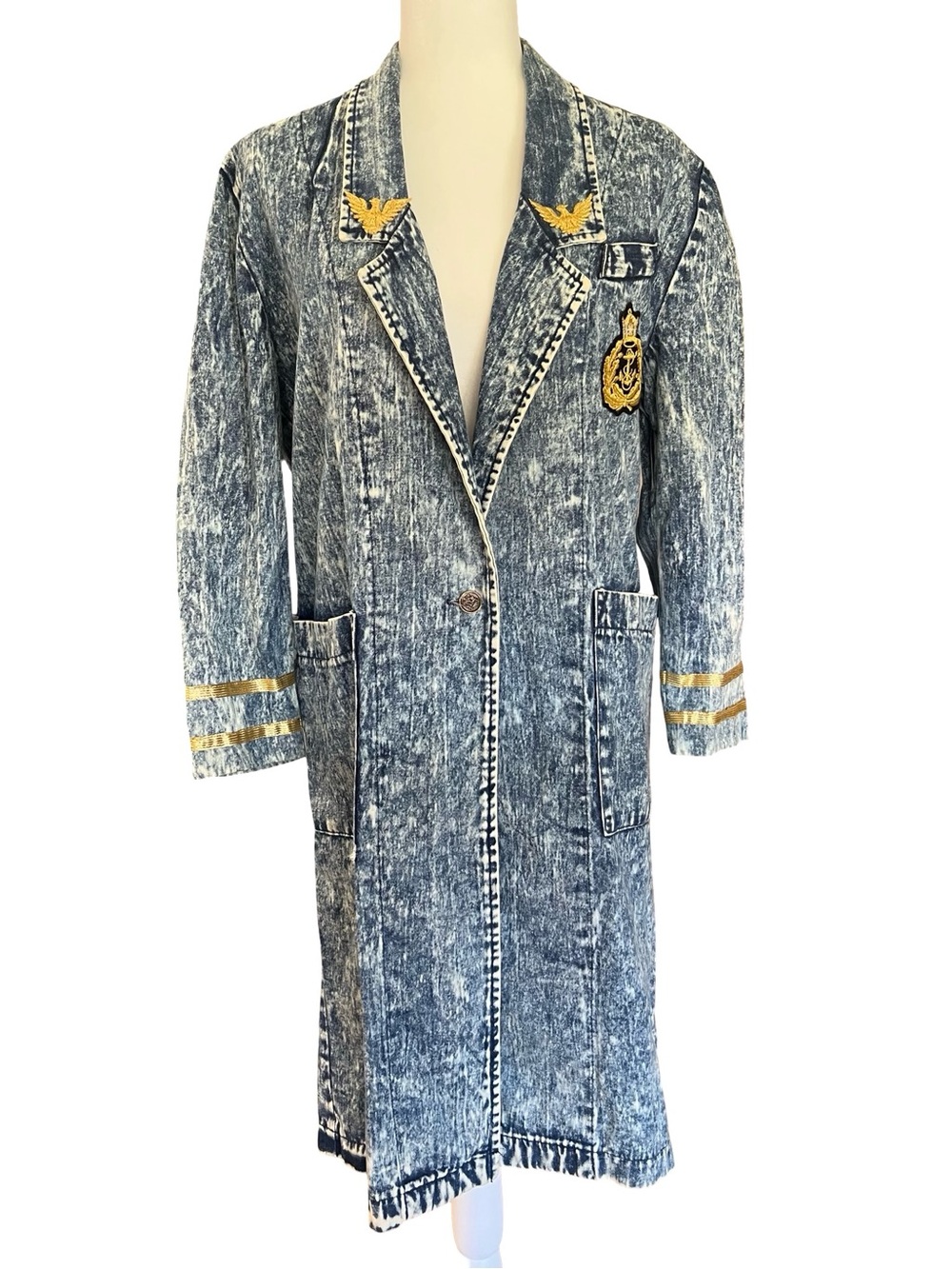 VTG Rare Iconic Yacht Rock Acid Wash Denim Trench Coat Nautical Statement Coat